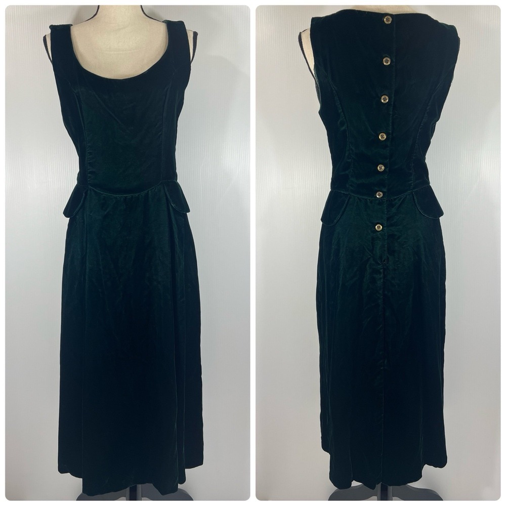 Gunne Sax Vintage Victorian Velvet Dress Size 7 Dark Green Sheath Gold Buttons
